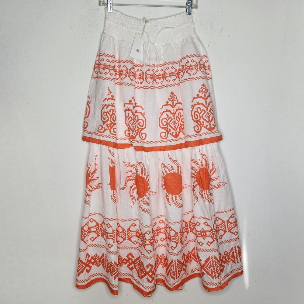L'atiste By Amy NWT Maxi Skirt Womens M Aztec Sun Boho Tiered Festive Orange